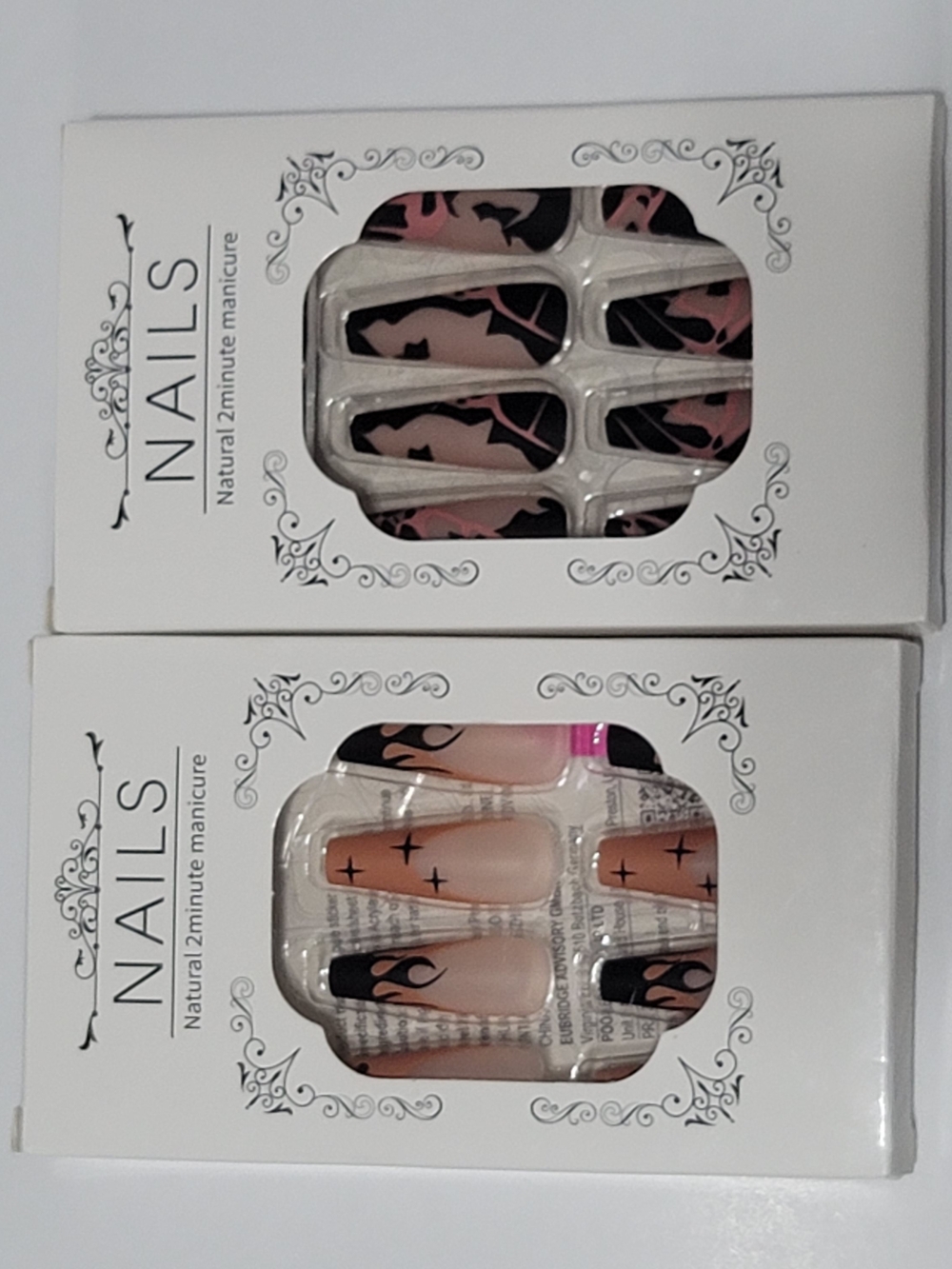 Press-On False Nails Set - Black & Pink Flame Design